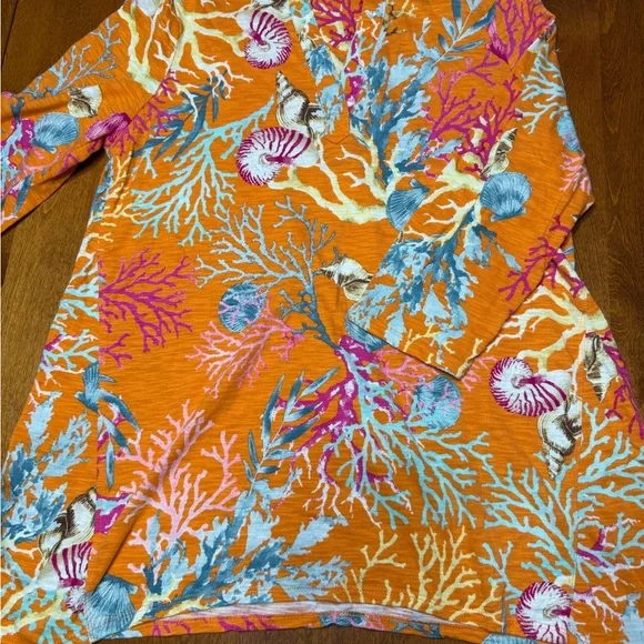 Chico's Women’s 3/4 Sleeve Coral Cotton Slub Vneck Sharkbite Hem 1 Medium - Picture 3 of 14